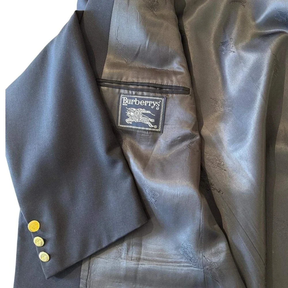 Burberrys Vintage Navy Blue Pure Wool 100% Blazer Gold Crested Buttons Men's IVY